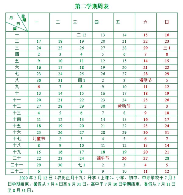 福州市2019~2020学年全日制普通中小学第二学期校历