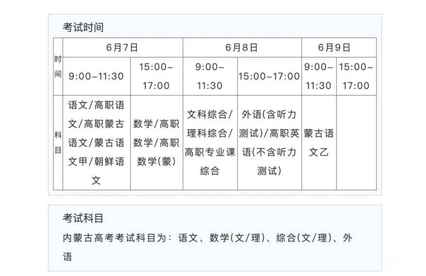 2022年内蒙古高考时间安排,内蒙古高考时间2022具体时间表