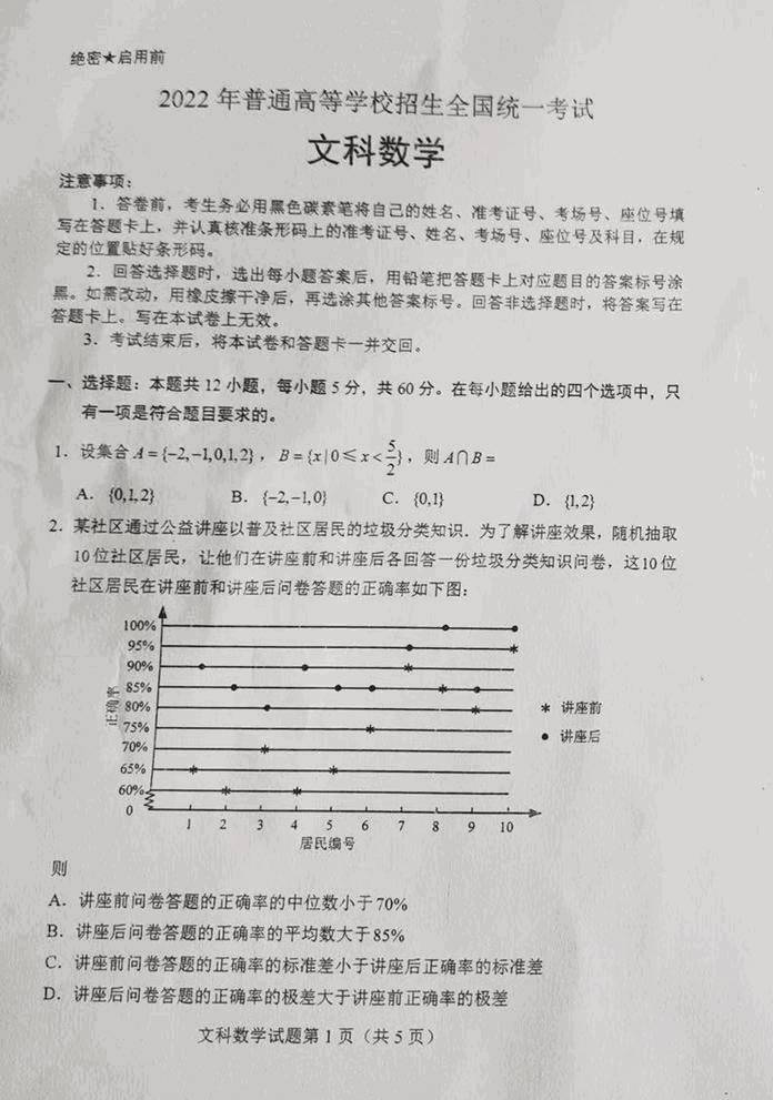 2022年全国甲卷高考数学(文科)试卷及答案解析