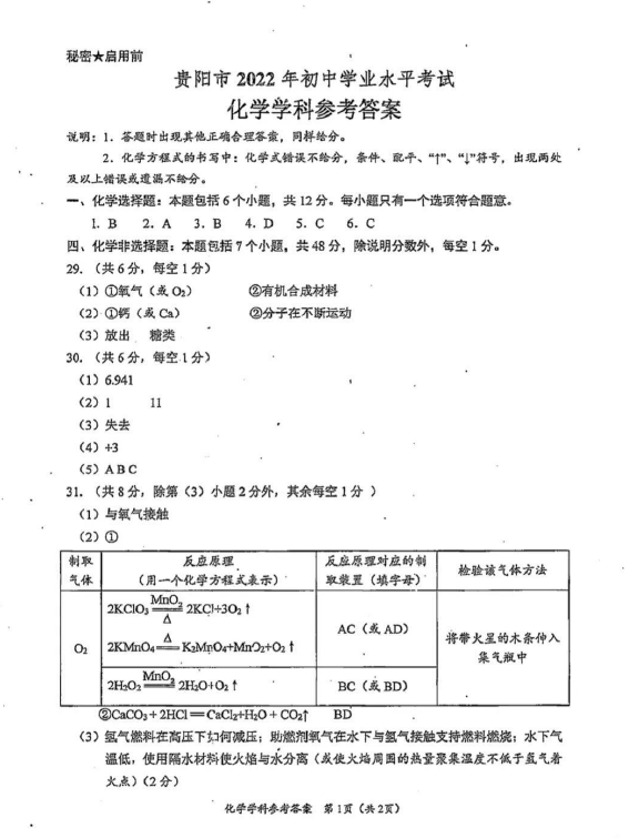 2023年贵阳市中考化学试卷真题及答案