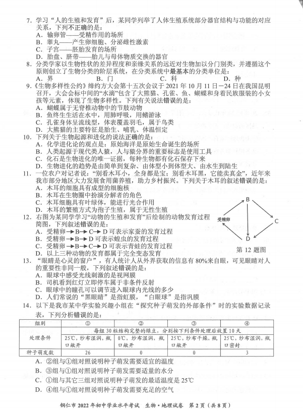 2023年铜仁市中考生物试卷真题及答案