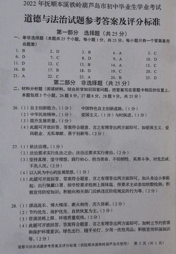 2023年葫芦岛市中考道德与法治试卷真题及答案