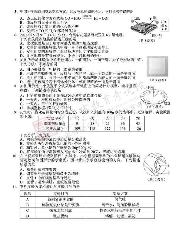 2023年宁波市中考科学试卷真题及答案