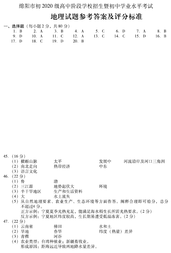 2023年绵阳市中考地理试卷真题及答案
