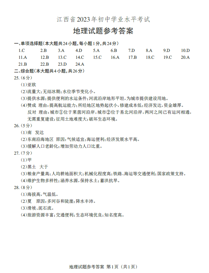 2023年南昌中考地理试卷真题及答案