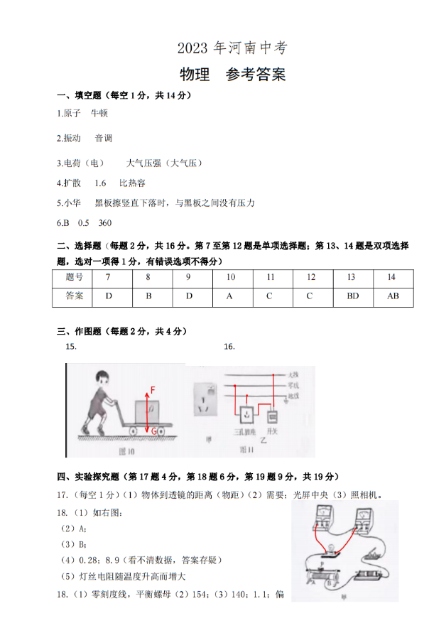 2023年信阳中考物理试卷真题及答案