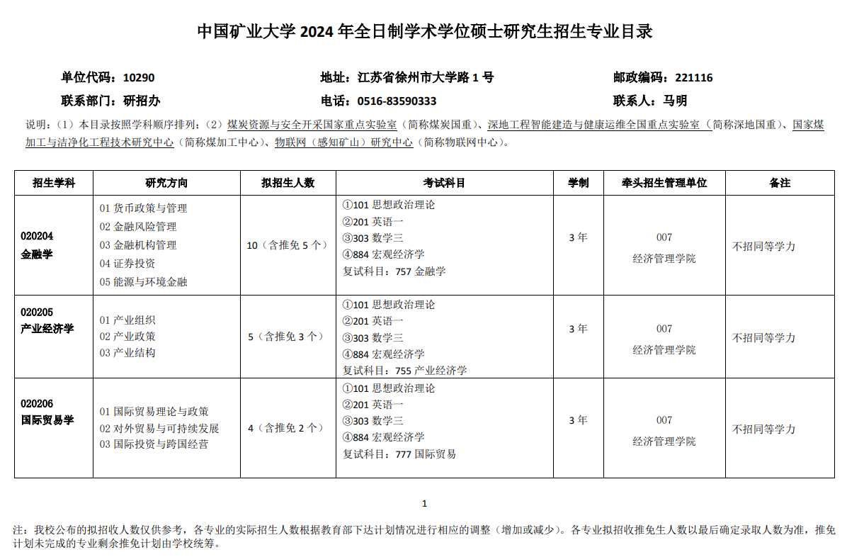 2024年中国矿业大学研究生招生简章及各专业招生计划人数