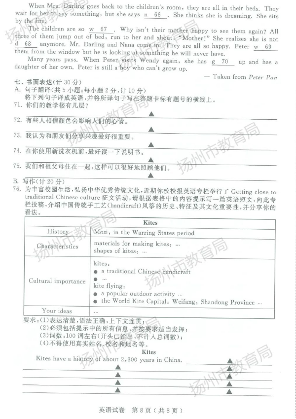2024年扬州中考英语试卷真题及答案解析