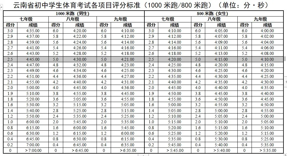 2025年云南省中考体育考试项目及评分标准(最新)