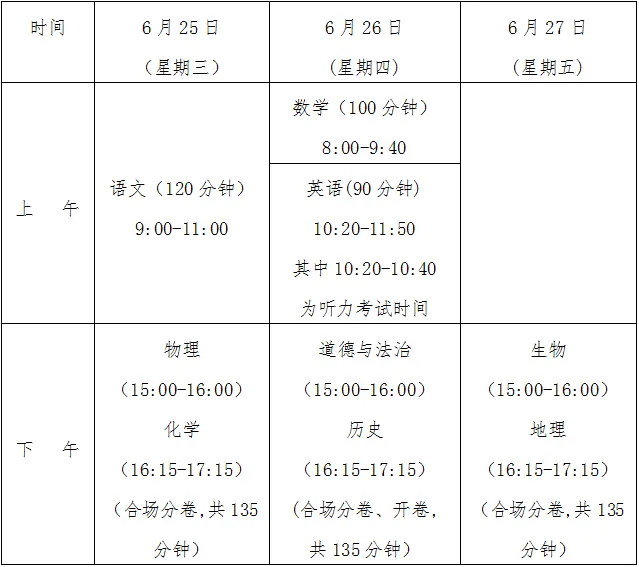 2025年海南中考时间是几月几号,各科目具体时间安排