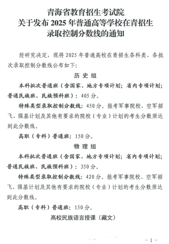 2025年青海高考各批次录取分数线一览表